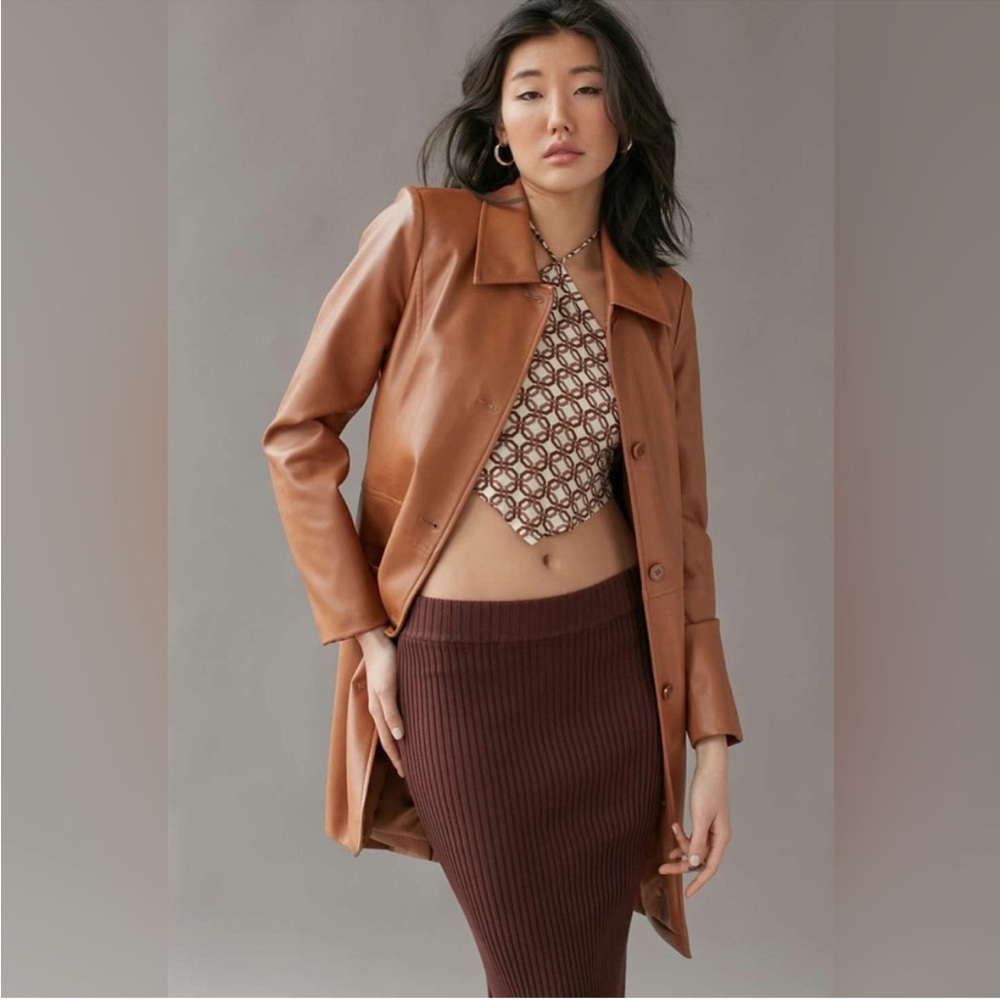 Urban Outfitters Faux Vegan Leather Longline Jacket - Cognac Honey Brown